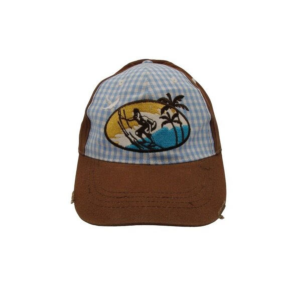 Surfer Logo Blue Checker Brown Hat Beach Island Ocean Surf Sun Distressed OSFM - Picture 3 of 12